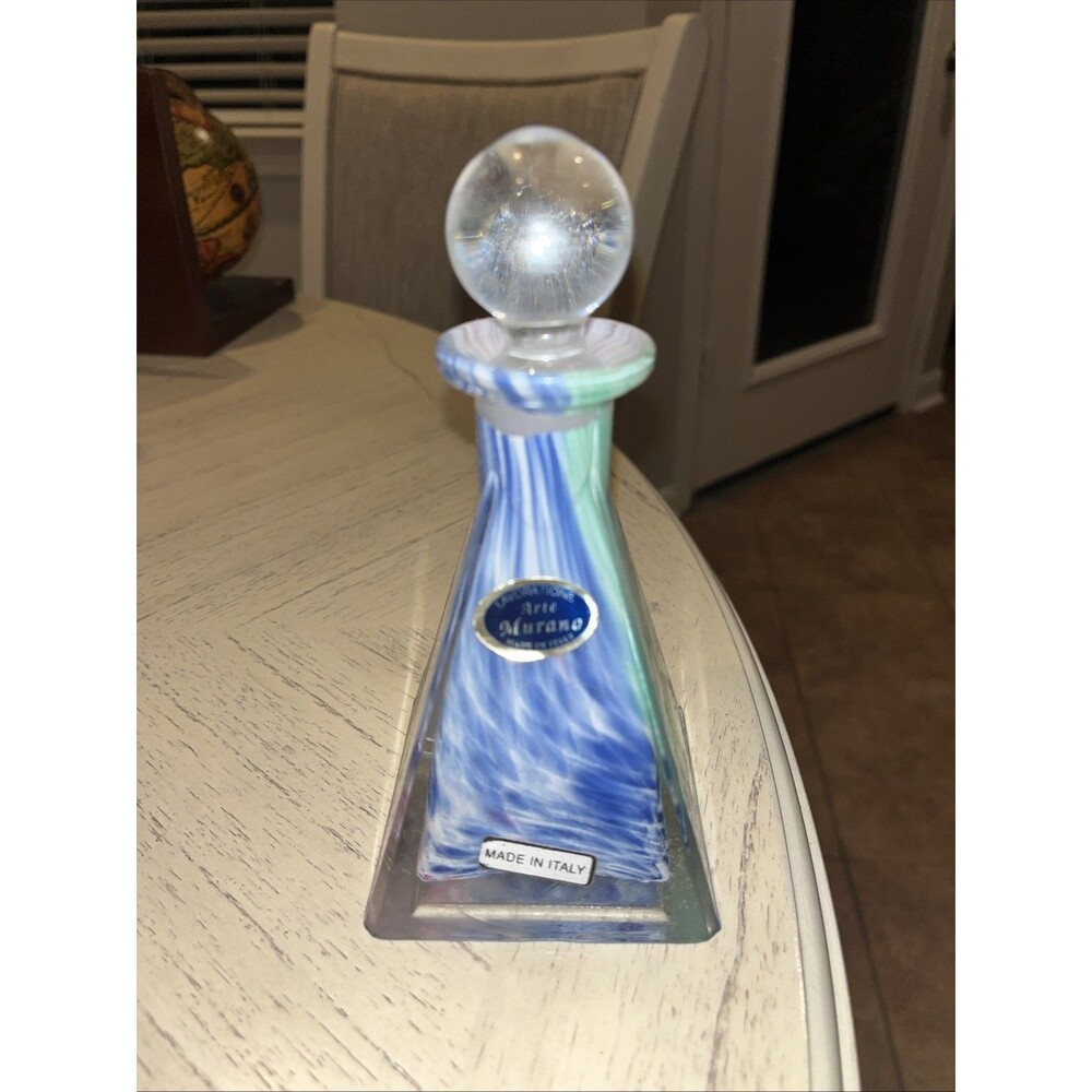Arte Murano Italy Art Glass Decorative Bottle Blue Pink Green Swirl with Stopper